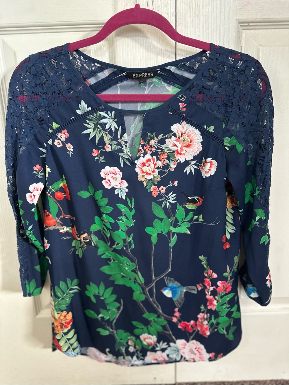 Express Navy Floral Blouse with Lace Shoulders